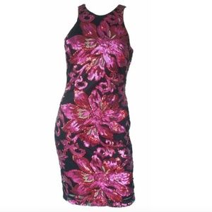 CACHE Black Pink Sequin High Neck Cocktail Dress